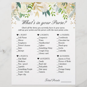Green White Gold Floral What's In Your Purse Game Flyer