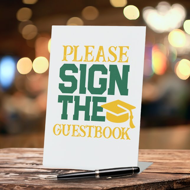 Green, White & Gold Guestbook Graduation Table Pedestal Sign (Green and Yellow Gold Graduation Class Year Sign the Guestbook Party Pedestal Sign)