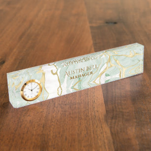 Green White Gold Marble Personalized Desk Name Plate