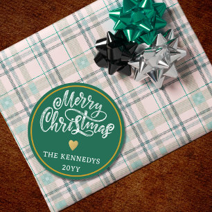 Green White Gold Merry Christmas Classic Round Sticker
