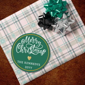 Green  White Gold Merry Christmas Classic Round Sticker