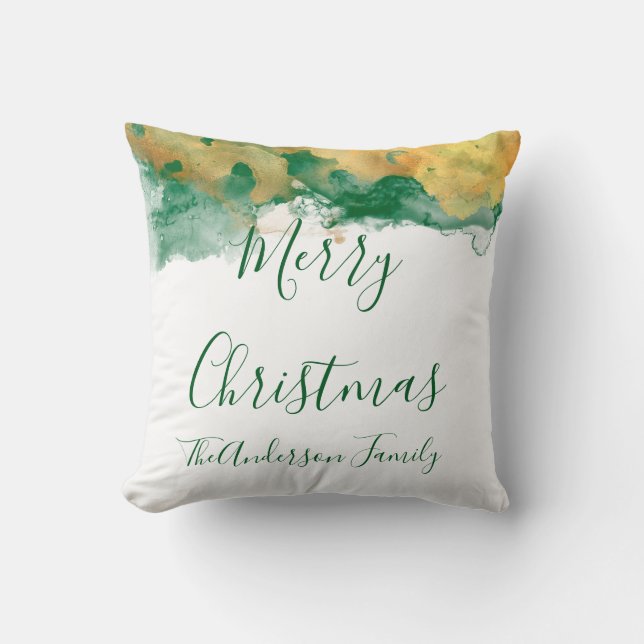 Green White Gold Monogram Merry Christmas  Throw Pillow (Front)