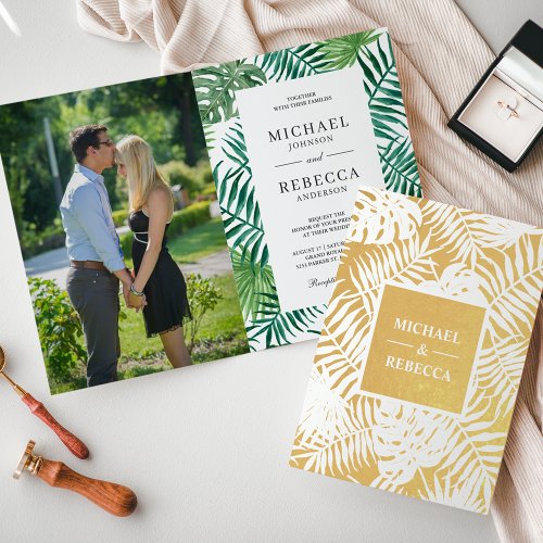 Green White Gold Palm Leaves Wedding Invitation
