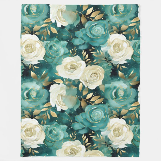 Green White Gold Rose Floral Fleece Blanket (Front)