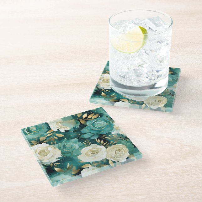 Green White Gold Rose Floral Glass Coaster (Angled)