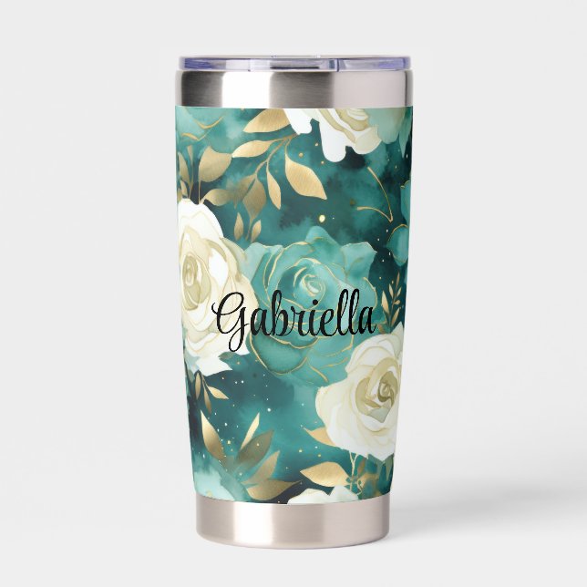 Green White Gold Rose Floral Insulated Tumbler (Front)