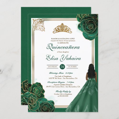 Green White Gold Roses Royal Elegant Quinceanera Invitation