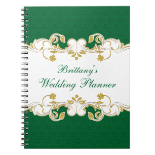 Green, White, Gold Scroll Wedding Planner Notebook
