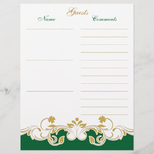 Green White Gold Scrolls Guest Book Paper (Front)