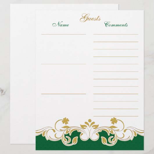 Green White Gold Scrolls Guest Book Paper (Front/Back)