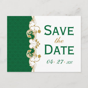 Green White Gold Scrolls Save the Date Postcard