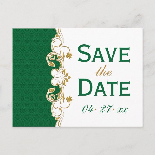 Green White Gold Scrolls Save the Date Postcard