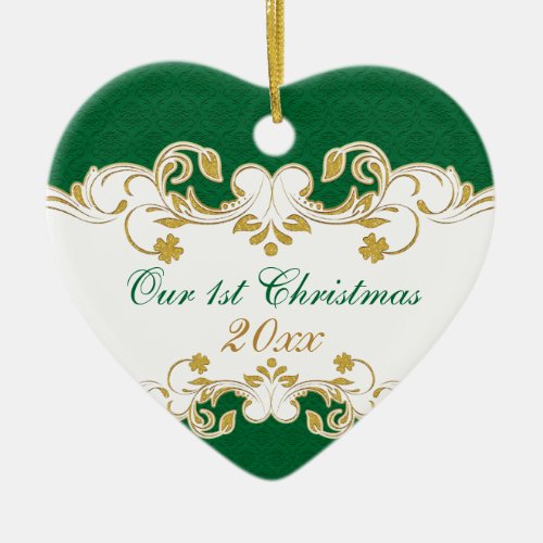 Green White Gold Scrolls Shamrocks 1st Christmas Ceramic Ornament