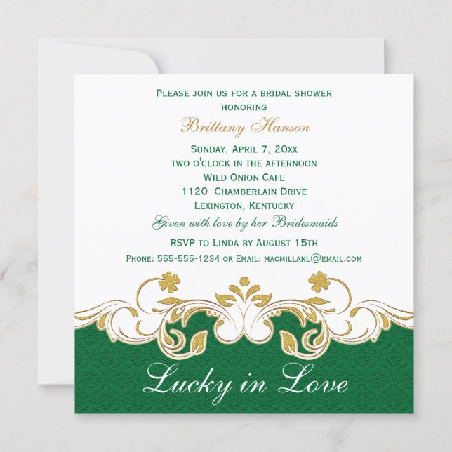 Green White Gold Scrolls, Shamrocks Bridal Shower Invitation (Front)