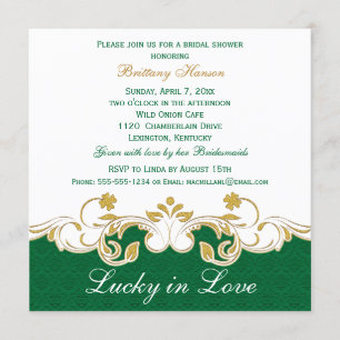 Green White Gold Scrolls, Shamrocks Bridal Shower Invitation