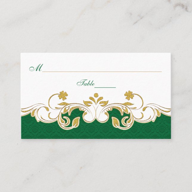 Green White Gold Scrolls, Shamrocks Place Cards (Front)