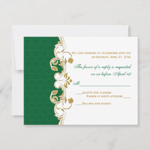 Green White Gold Scrolls, Shamrocks RSVP Card