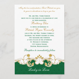 Green White Gold Scrolls, Shamrocks Wedding Invite