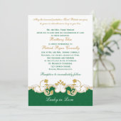 Green White Gold Scrolls, Shamrocks Wedding Invite (Standing Front)