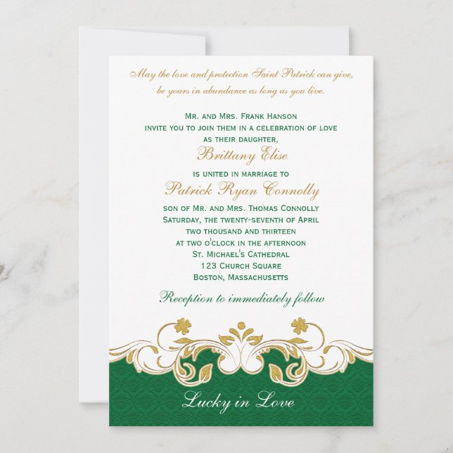 Green White Gold Scrolls, Shamrocks Wedding Invite (Front)