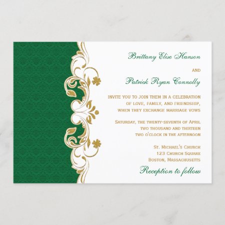 Green White Gold Scrolls, Shamrocks Wedding Invite