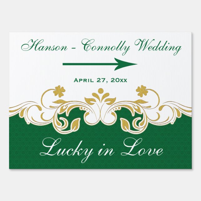 Green White Gold Scrolls, Shamrocks Wedding Sign (Front)