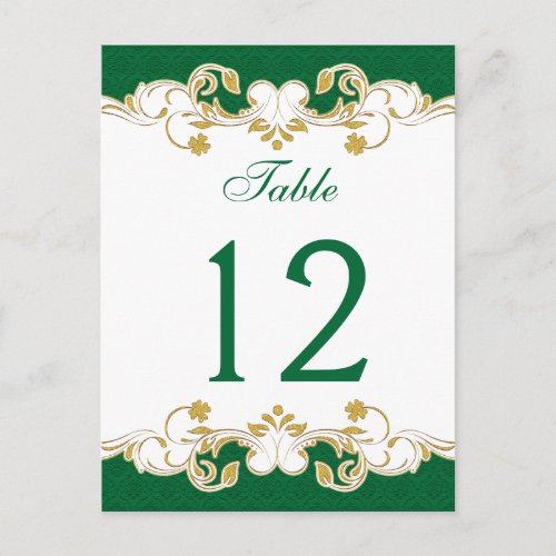 Green White Gold Scrolls Table Number Card