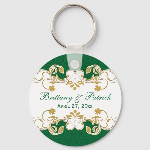 Green White Gold Scrolls Wedding Favor Keychain