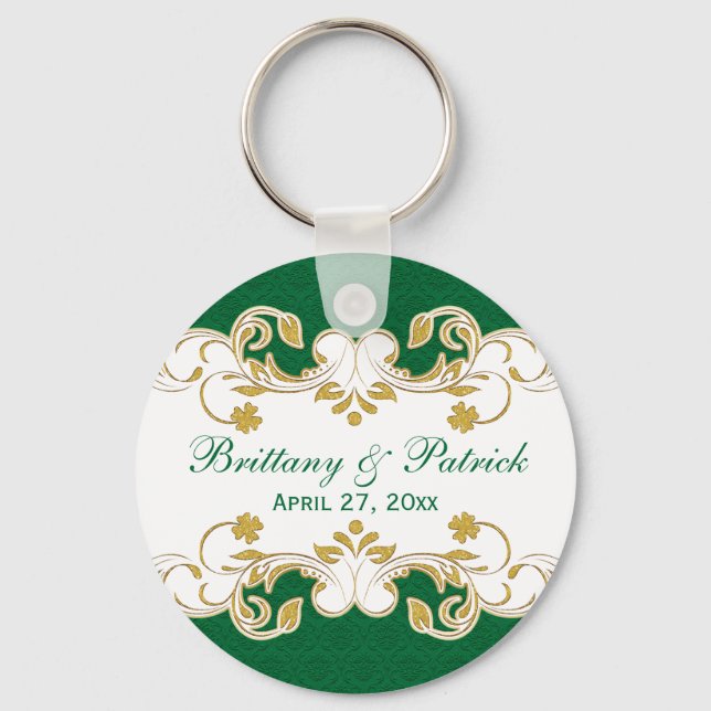 Green White Gold Scrolls Wedding Favor Keychain (Front)