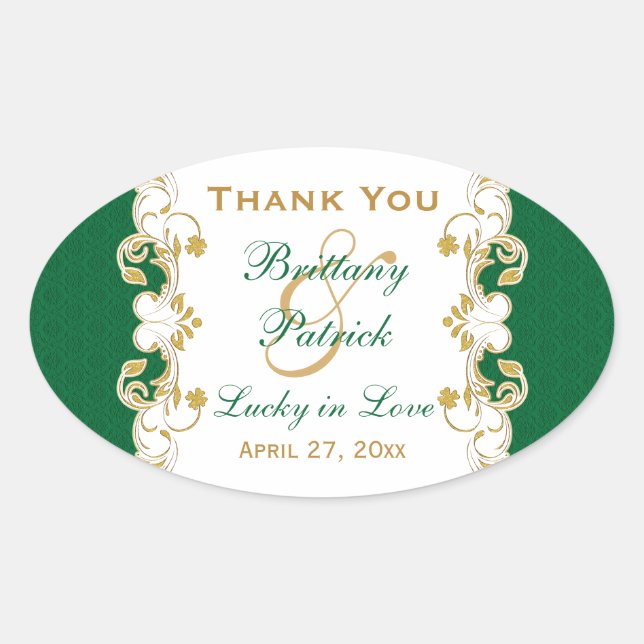 Green, White, Gold Scrolls Wedding Favor Sticker (Front)