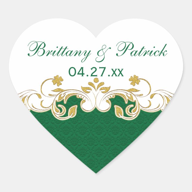 Green, White, Gold Scrolls Wedding Favor Sticker (Front)