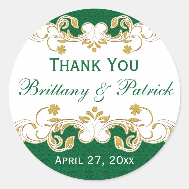 Green, White, Gold Scrolls Wedding Favor Sticker (Front)