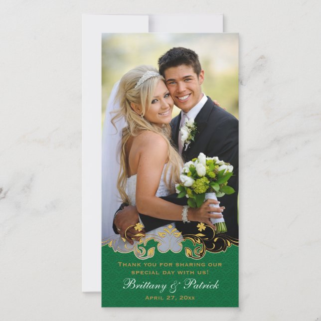 Green, White, Gold Scrolls Wedding Photo Card (Front)