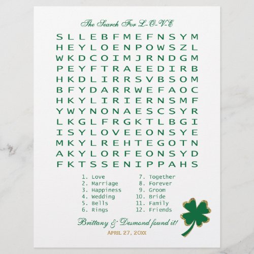 Green White Gold Search for Love Wordsearch Game