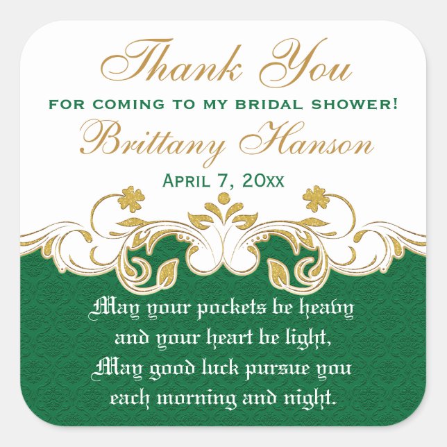 Green White Gold Shamrocks Bridal Shower Sticker (Front)