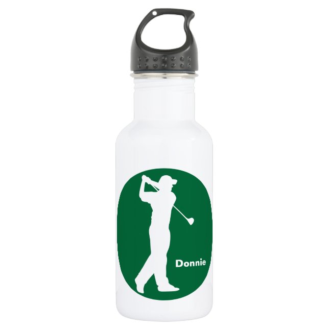 Green White Golfer Golf Personalized Water Bottle (Front)
