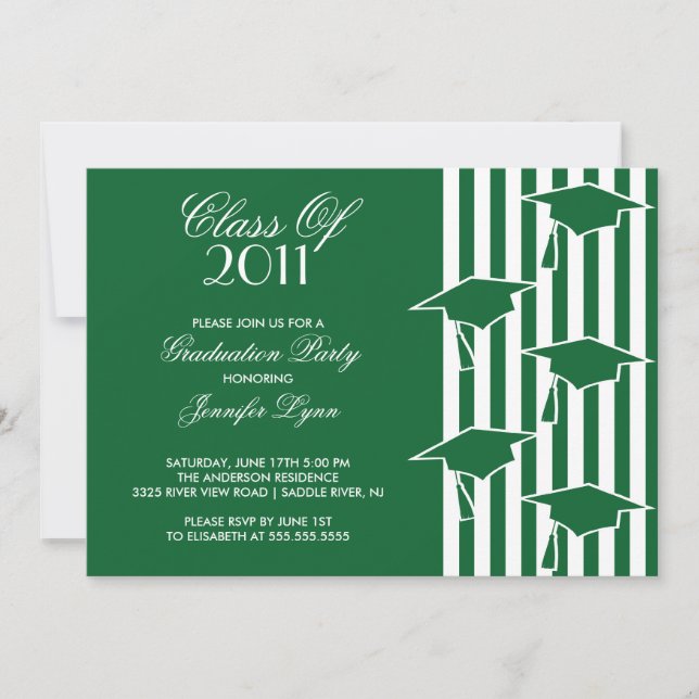 Green & White Grad Hats Graduation Invitation (Front)
