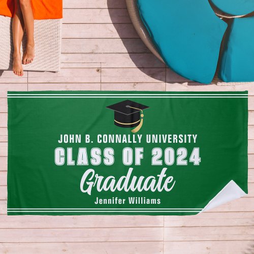 Green White Graduate 2024 Graduation Keepsake Beach Towel