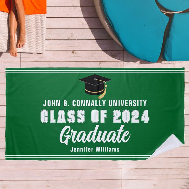 Green White Graduate 2024 Graduation Keepsake Beach Towel (Creator Uploaded)