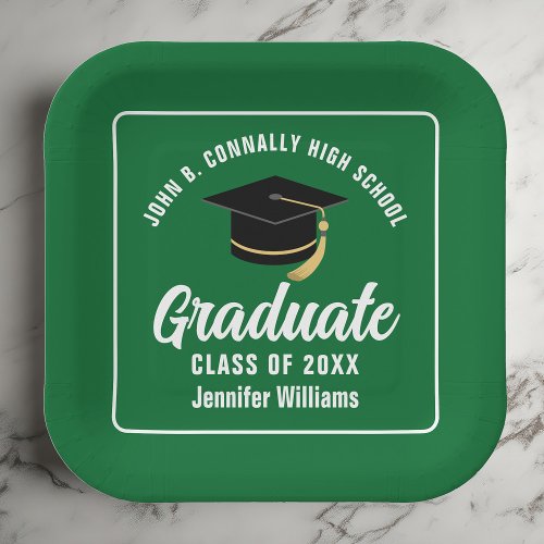 Green White Graduate 2024 Graduation Party Square Paper Plates