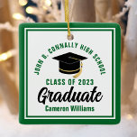 Green White Graduate 2025 Personalized Christmas Ceramic Ornament<br><div class="desc">This modern green and white custom graduate Christmas ornament feature classy typography of your university or college name for the class of 2025. Customize with your graduating year next to the chic handwritten script and black grad cap for a great personalized congratulations graduation gift.</div>