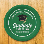 Green White Graduate Custom 2025 Graduation Party Paper Plates<br><div class="desc">This modern green and white custom graduation party paper plate features classy typography of your high school or college name for the class of 2025. Customize with your graduating year under the chic handwritten script and black grad cap for great personalized graduate decor.</div>