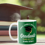 Green White Graduate Personalized Graduation Coffee Mug<br><div class="desc">This modern green and white custom senior graduation mug features classy typography of your high school or college name for the class of 2025. Customize with your graduating year under the chic handwritten script and black grad cap for a great personalized graduate keepsake gift.</div>
