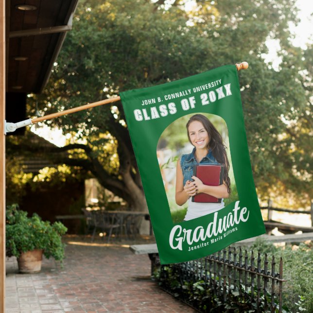 Green White Graduate Photo Arch Modern Graduation House Flag (In SItu)