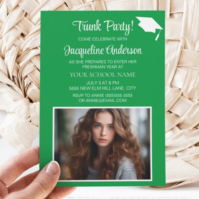 Green White Graduation Cap Trunk Party Photo I Invitation (Green and white graduation Trunk Party photo invitation)
