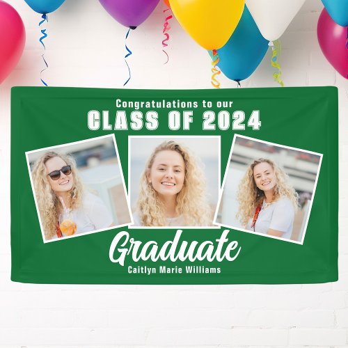 Green White Graduation Photo Collage 2024 Party Banner