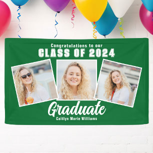 Green White Graduation Photo Collage 2026 Party Banner