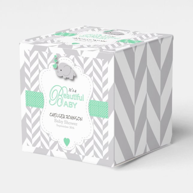 Green, White Gray Elephant Baby Shower Favor Boxes (Front Side)