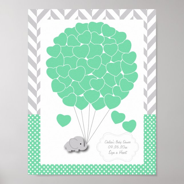 Green, White Gray Elephant Baby Shower  - Guest Poster (Front)