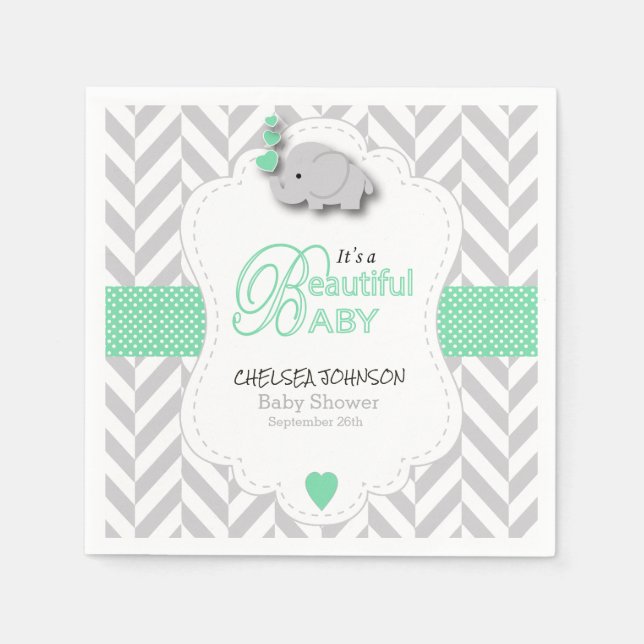 Green, White Gray Elephant Baby Shower Napkins (Front)